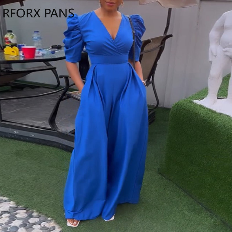 Naiste tugevad elegantsed lühikesed puhvis varrukad, sügava V-kaelusega lai jalg taskuga töötava kombinesooniga