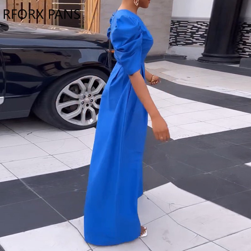 Naiste tugevad elegantsed lühikesed puhvis varrukad, sügava V-kaelusega lai jalg taskuga töötava kombinesooniga