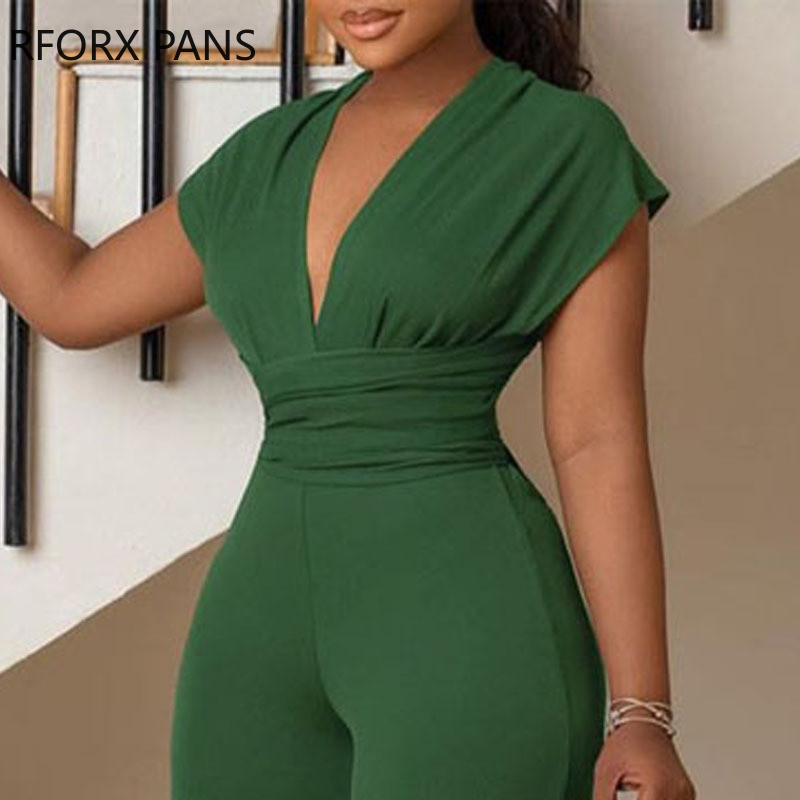 Ženski elegantni jednobojni, ravni kombinezon s dubokim V izrezom, kratkim rukavima i križnim rukavima, radni ravni kombinezon Seksi kombinezon