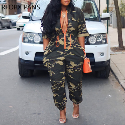 2023. Ženski šik kamuflažni uzorak, ležerni, ravni kombinezon do gležnja, kratkih rukava i patentnih zatvarača
