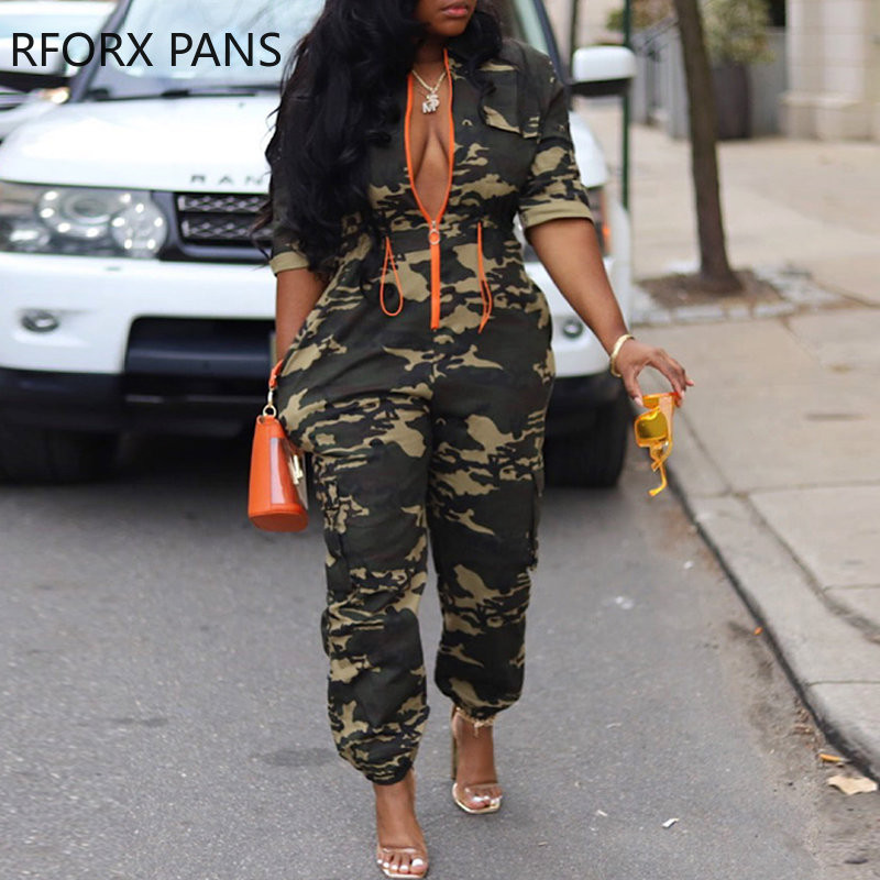 2023. Ženski šik kamuflažni uzorak, ležerni, ravni kombinezon do gležnja, kratkih rukava i patentnih zatvarača