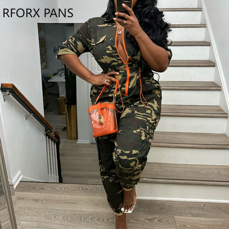 2023. Ženski šik kamuflažni uzorak, ležerni, ravni kombinezon do gležnja, kratkih rukava i patentnih zatvarača