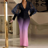 Naiste elegantne kontrastsusega võrkkangast laternavarrukad, sügava V kaelusega sirge jalaga kombinesoon