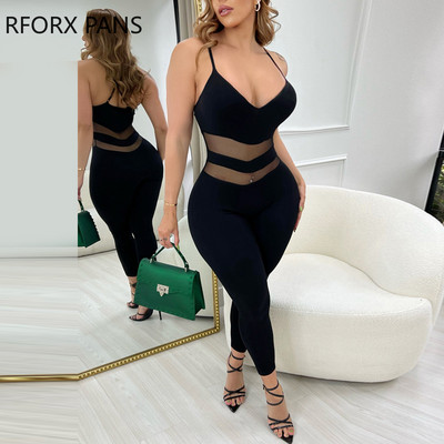 Ženski elegantni jednobojni naramenice bez rukava s kontrastnom mrežastom krpom Seksi uski kombinezoni