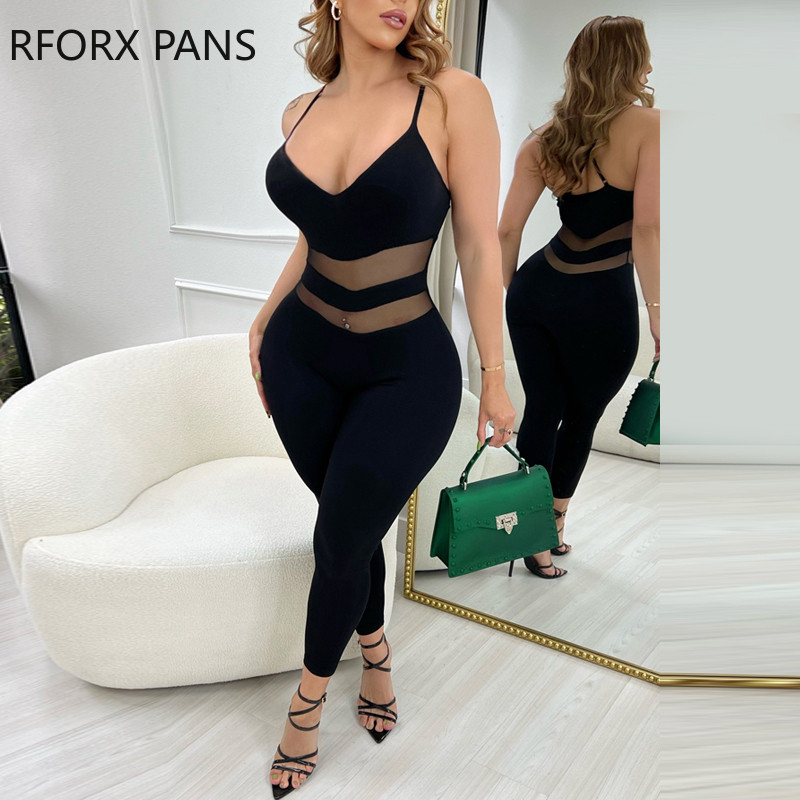 Ženski elegantni jednobojni naramenice bez rukava s kontrastnom mrežastom krpom Seksi uski kombinezoni