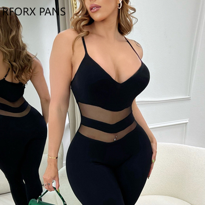 Ženski elegantni jednobojni naramenice bez rukava s kontrastnom mrežastom krpom Seksi uski kombinezoni