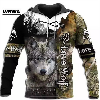 Wolf Φούτερ με κουκούλα ανδρικά ρούχα Τρισδιάστατη εκτύπωση μακρυμάνικο πουλόβερ πουλόβερ μόδα Νέα μπουφάν Fleece Casual Streetwear