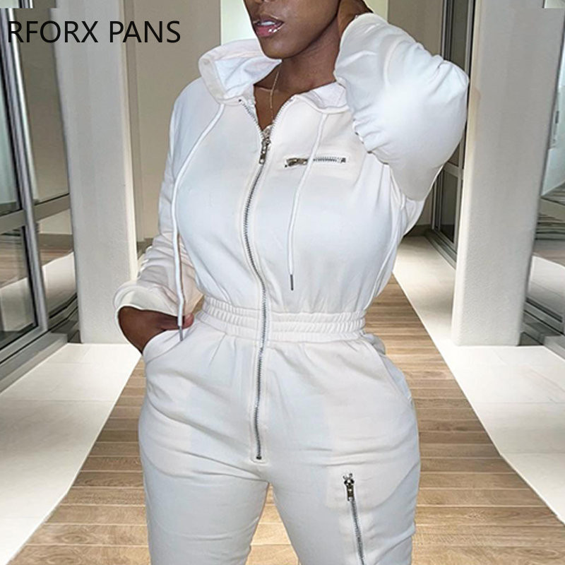 Ženski jednobojni kombinezon s kapuljačom i trakom s patentnim zatvaračem Sportski kombinezon s elastičnim strukom