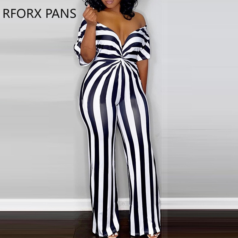 Naiste elegantne õlgadeta V-kaelusega triibuline Bodycon Skinny Jumpsuit Seksikas kombinesoon