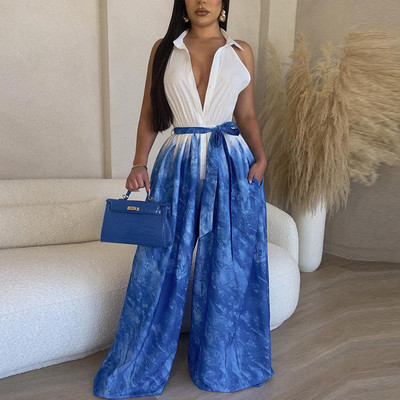 Naiste elegantne, laitmatu trükiga, allakäiva kraega varrukateta tasku koos vööga Formaalne seksikas kombinesoon