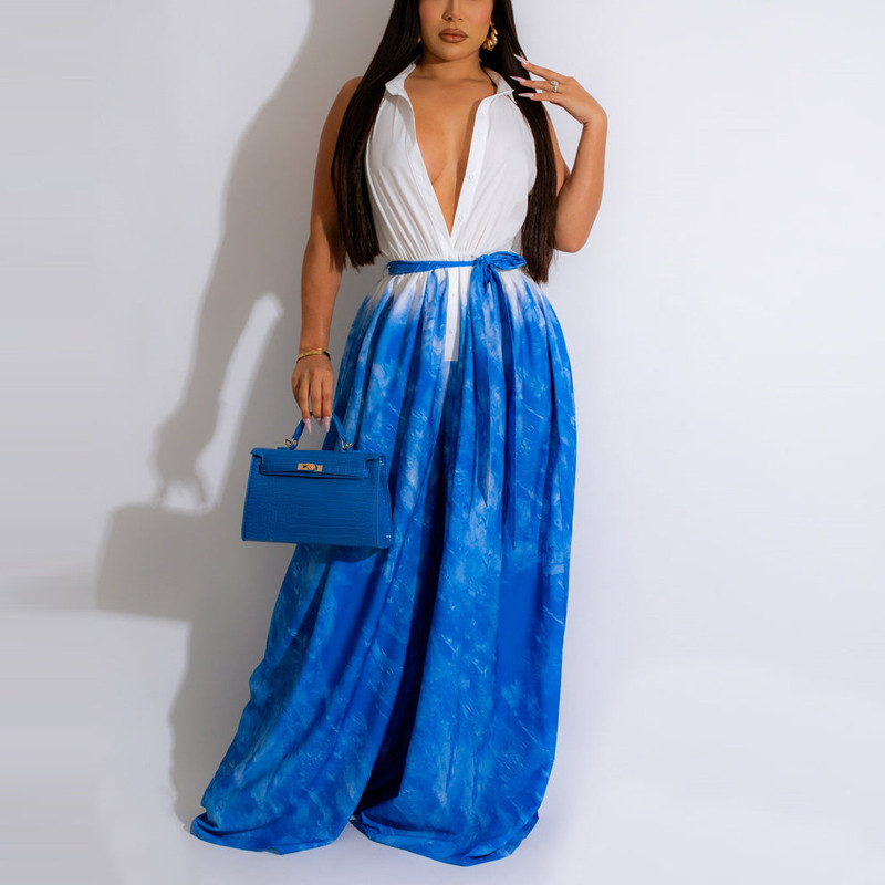 Naiste elegantne, laitmatu trükiga, allakäiva kraega varrukateta tasku koos vööga Formaalne seksikas kombinesoon