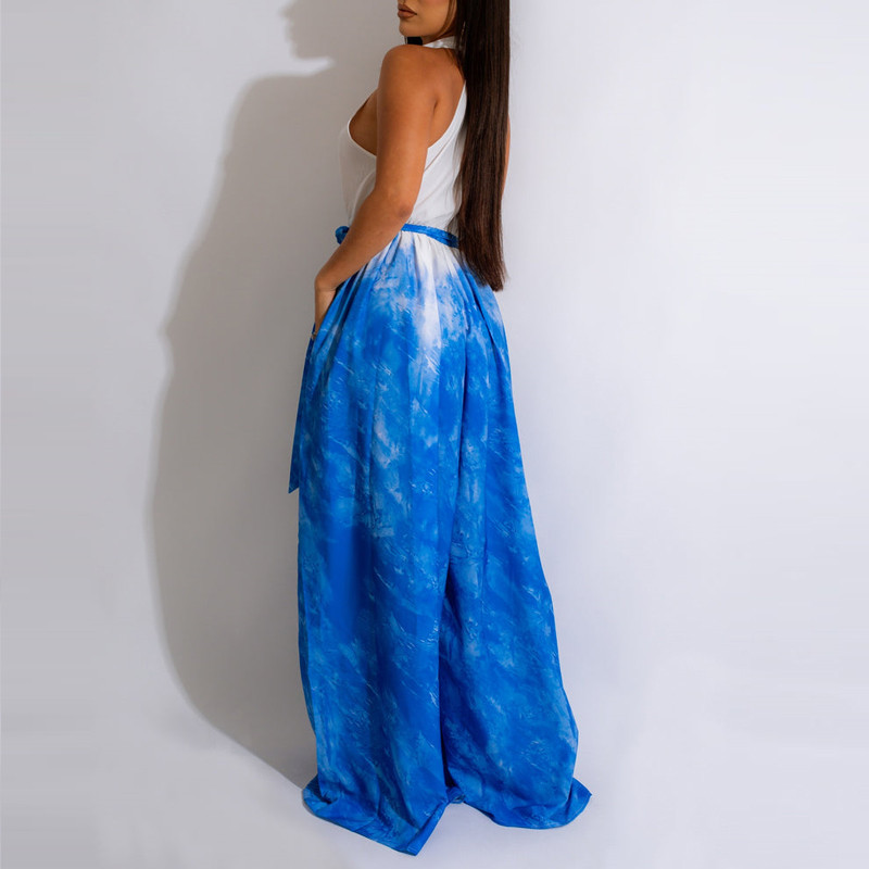 Naiste elegantne, laitmatu trükiga, allakäiva kraega varrukateta tasku koos vööga Formaalne seksikas kombinesoon