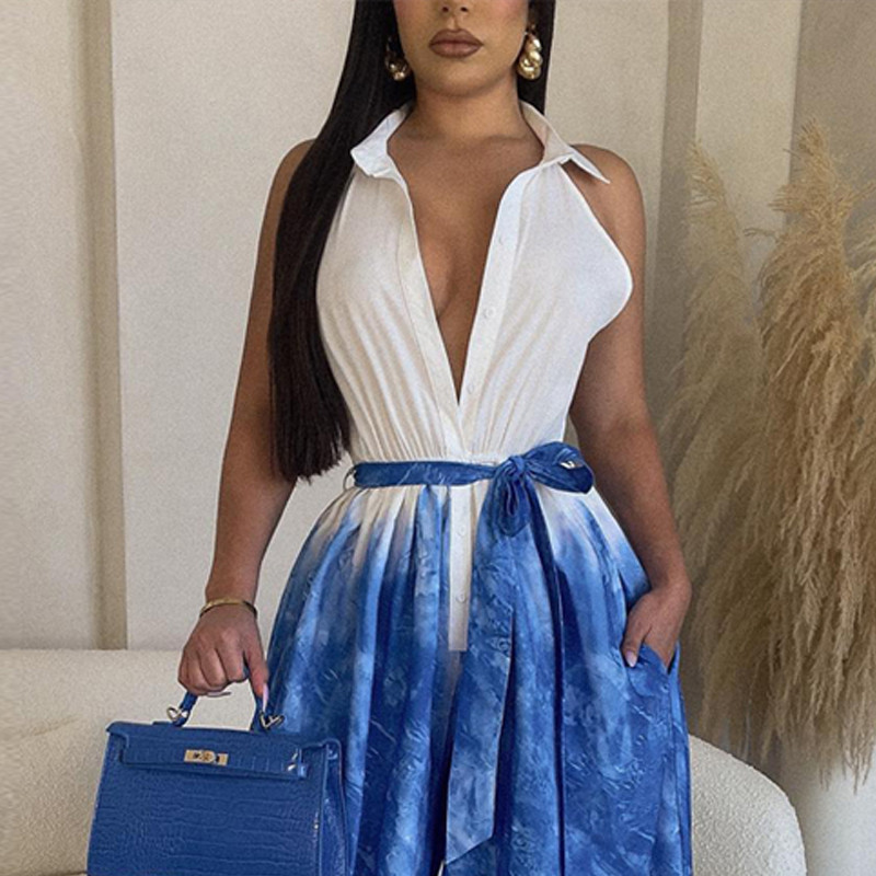 Naiste elegantne, laitmatu trükiga, allakäiva kraega varrukateta tasku koos vööga Formaalne seksikas kombinesoon