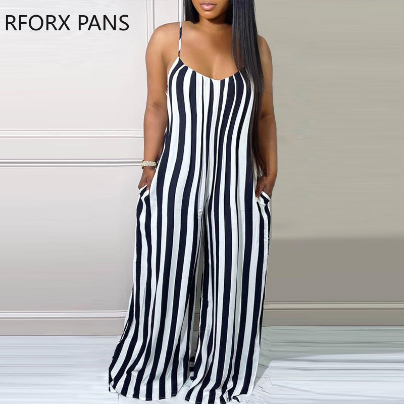 2023. aasta naiste elegantsed triibuliste spagetirihmadega varrukateta seksikad sirge säärega kombinesoonid