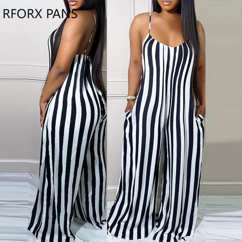 2023. aasta naiste elegantsed triibuliste spagetirihmadega varrukateta seksikad sirge säärega kombinesoonid