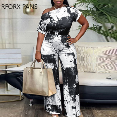 Naiste šikk 2023. aasta mustriga vana mustriga lühikeste varrukatega krae, metallist vöödega töötav sirge kombinesoon