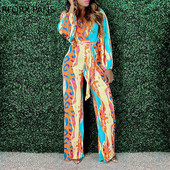 Ženski šik duboki V izrez s remenom, ležeran, seksi ravni kombinezon s printom dugih rukava