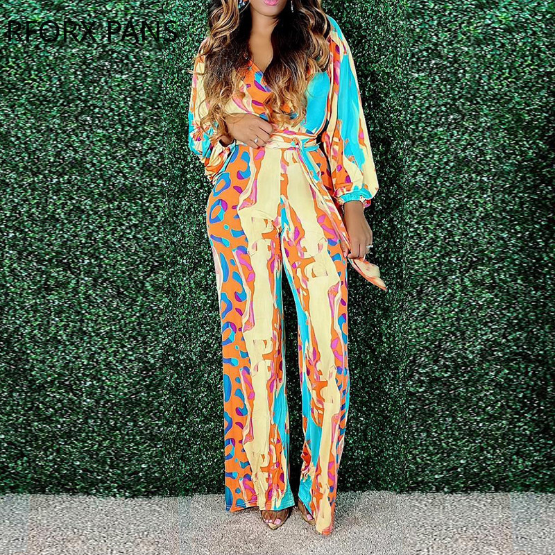 Ženski šik duboki V izrez s remenom, ležeran, seksi ravni kombinezon s printom dugih rukava