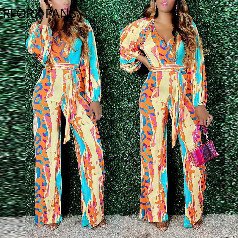 Ženski šik duboki V izrez s remenom, ležeran, seksi ravni kombinezon s printom dugih rukava