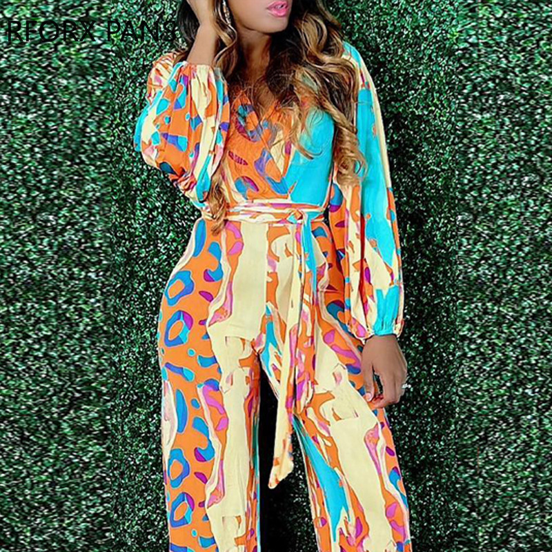 Ženski šik duboki V izrez s remenom, ležeran, seksi ravni kombinezon s printom dugih rukava