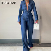 Naiste elegantne soliidne teksariide, kaelusega, pikad varrukad, sirge jalaga kombinesoon