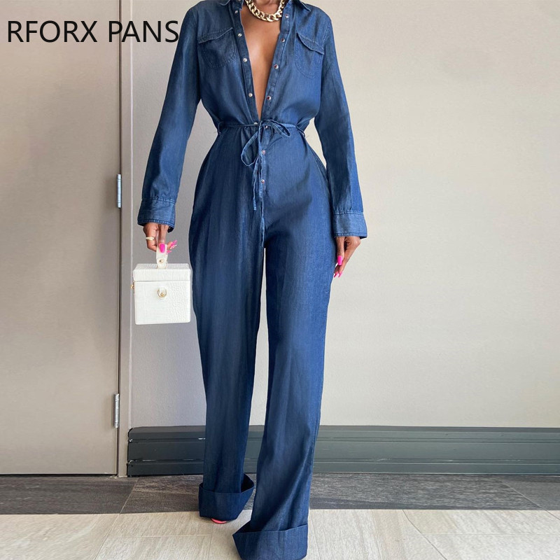 Naiste elegantne soliidne teksariide, kaelusega, pikad varrukad, sirge jalaga kombinesoon