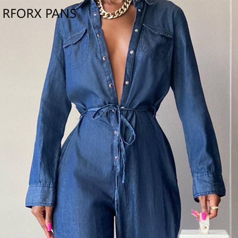 Naiste elegantne soliidne teksariide, kaelusega, pikad varrukad, sirge jalaga kombinesoon