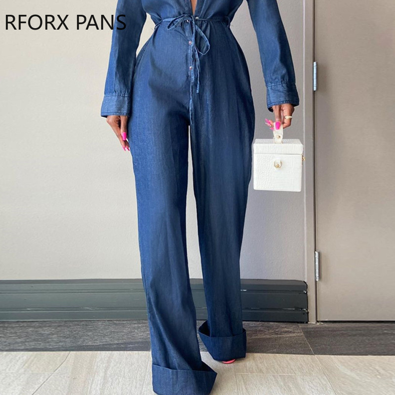 Naiste elegantne soliidne teksariide, kaelusega, pikad varrukad, sirge jalaga kombinesoon