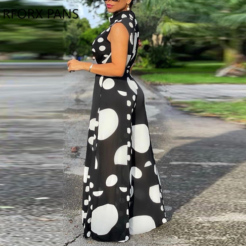 Ženski elegantni radni kombinezoni širokih nogavica s rukavima na točkice i dolčevitom