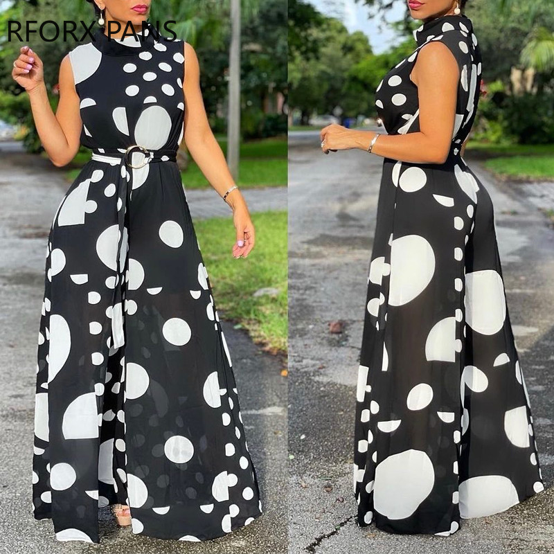 Ženski elegantni radni kombinezoni širokih nogavica s rukavima na točkice i dolčevitom