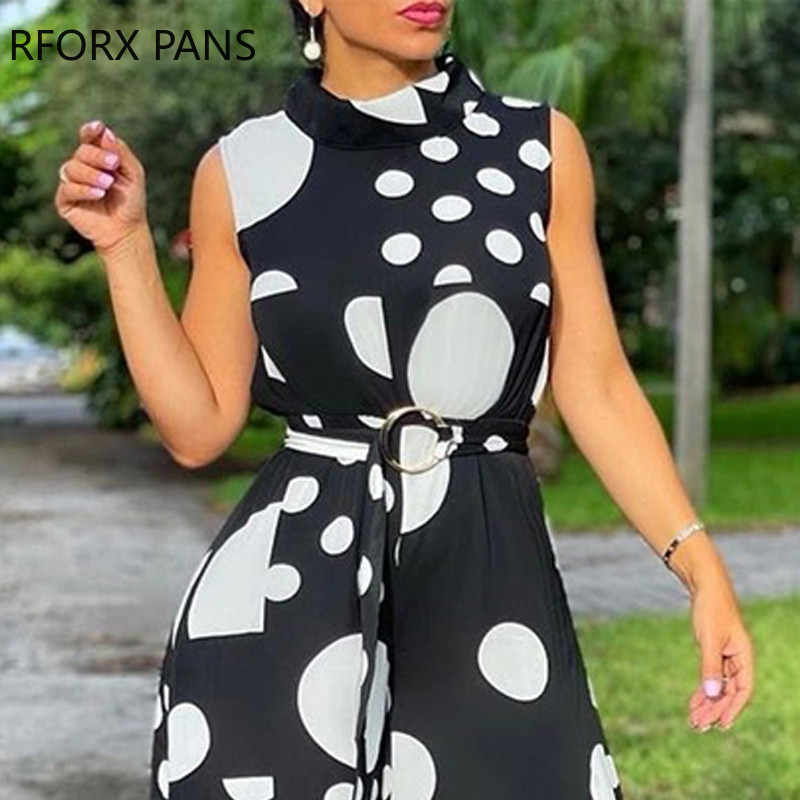 Ženski elegantni radni kombinezoni širokih nogavica s rukavima na točkice i dolčevitom