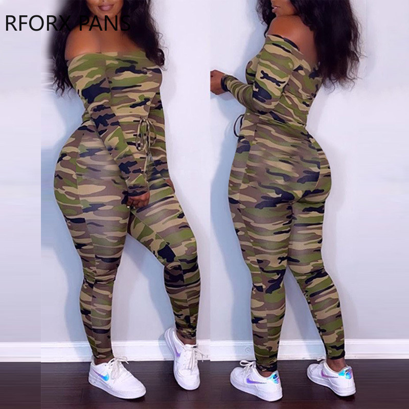 Naiste elegantne vabaaja kamuflaaživärvi õlgadest pikkade varrukatega, pitsitud, seksikas kõhn kombinesoon