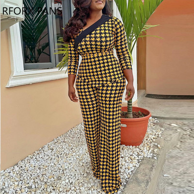 Γυναικεία κομψή φόρμα εργασίας Houndstooth με μακρυμάνικη ίσια φόρμα