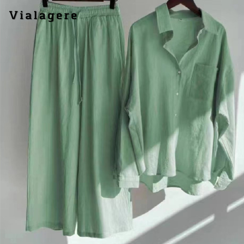 Korea moe vabaaja ühevärviline kaheosaline komplekt Naiste sügisene avara pikkade varrukatega särk + nööriga püksid komplektid rohelised püksid, ülikonnad