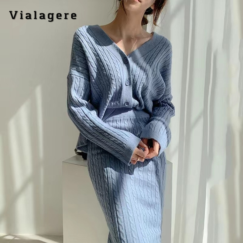 2023 Jesen Zima Elegantni jednobojni dvodijelni set Ženski dugi kratki kardigan s V-izrezom + suknja A-kroja Luksuzni dvodijelni komplet suknji