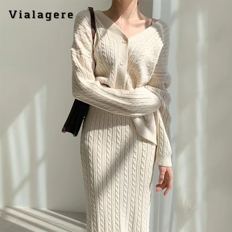 2023 Jesen Zima Elegantni jednobojni dvodijelni set Ženski dugi kratki kardigan s V-izrezom + suknja A-kroja Luksuzni dvodijelni komplet suknji