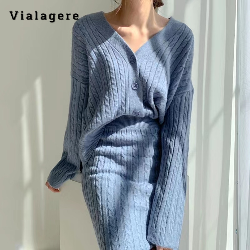 2023 Jesen Zima Elegantni jednobojni dvodijelni set Ženski dugi kratki kardigan s V-izrezom + suknja A-kroja Luksuzni dvodijelni komplet suknji