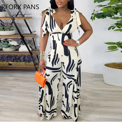 Ženski elegantni seksi kombinezoni s ravnim nogavicama bez rukava s dubokim V izrezom na sve strane s printom