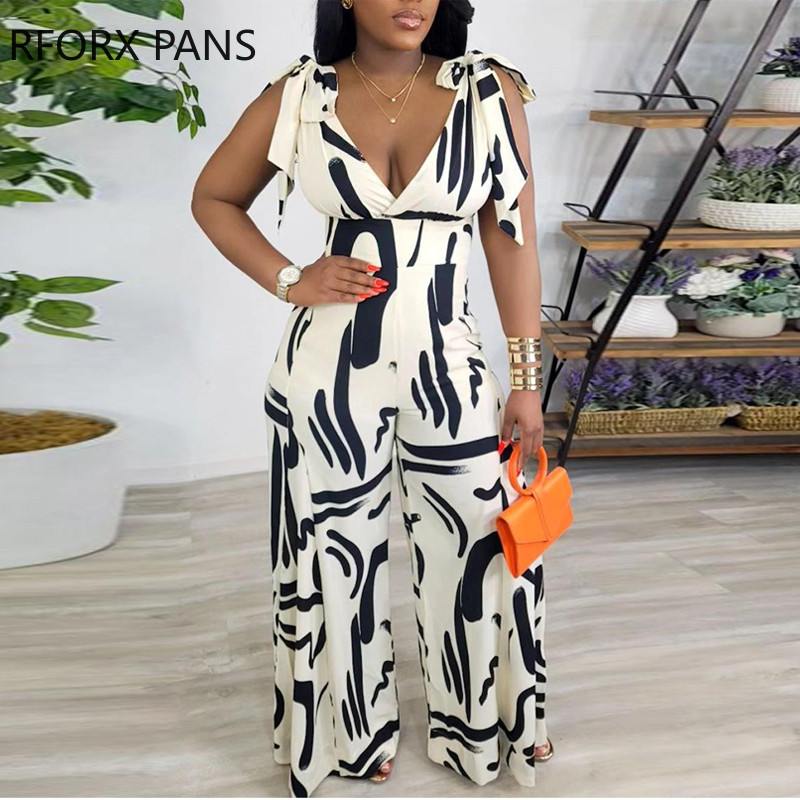 Ženski elegantni seksi kombinezoni s ravnim nogavicama bez rukava s dubokim V izrezom na sve strane s printom