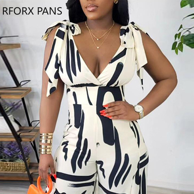 Ženski elegantni seksi kombinezoni s ravnim nogavicama bez rukava s dubokim V izrezom na sve strane s printom