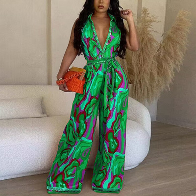 2023. aasta naiste elegantne kõikjale printimine, allapoole kaelus, V-kaelusega varrukateta ja vöökombine Seksikas kombinesoon