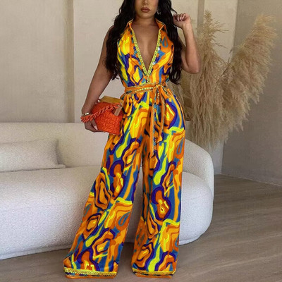 2023. aasta naiste elegantne kõikjale printimine, allapoole kaelus, V-kaelusega varrukateta ja vöökombine Seksikas kombinesoon