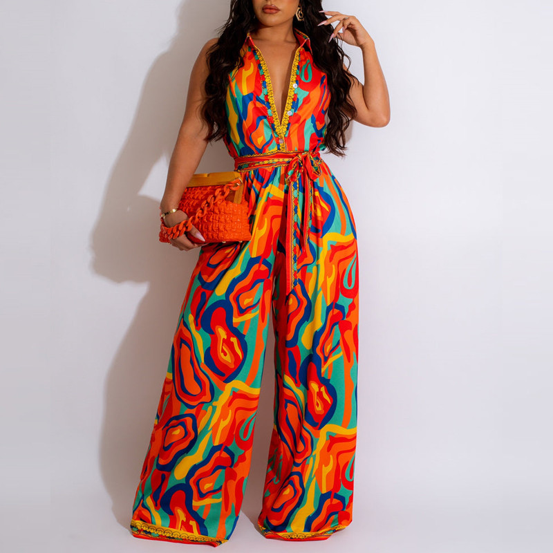 2023. aasta naiste elegantne kõikjale printimine, allapoole kaelus, V-kaelusega varrukateta ja vöökombine Seksikas kombinesoon