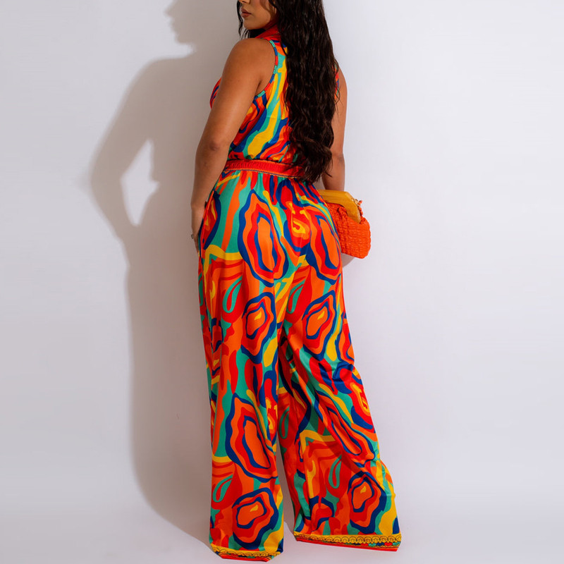 2023. aasta naiste elegantne kõikjale printimine, allapoole kaelus, V-kaelusega varrukateta ja vöökombine Seksikas kombinesoon