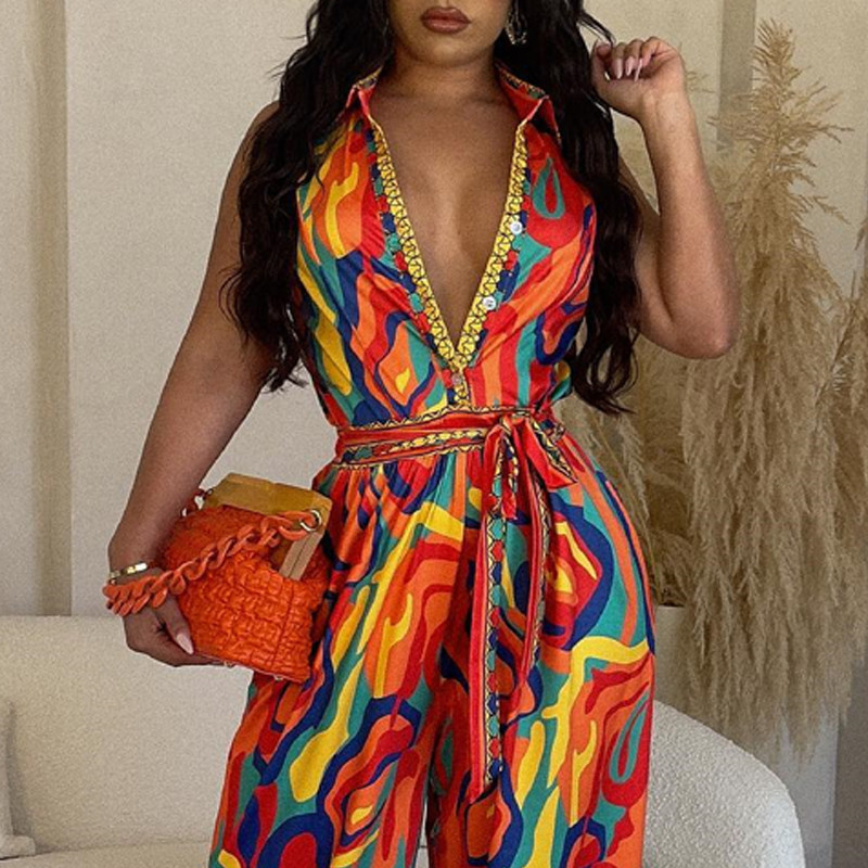 2023. aasta naiste elegantne kõikjale printimine, allapoole kaelus, V-kaelusega varrukateta ja vöökombine Seksikas kombinesoon