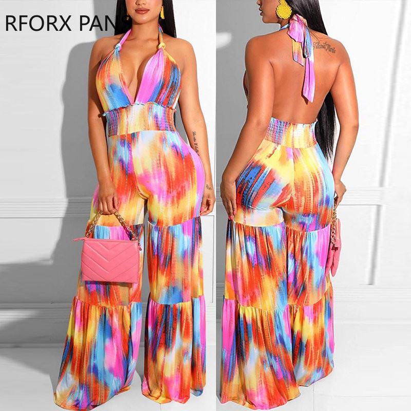 Naiste elegantsed, kõikjal trükitud päitsetega pitsilised seljataga varrukateta seksikad šifoonist sirge säärega kombinesoonid