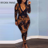 Γυναικεία κομψή μακρυμάνικη λαιμόκοψη σε όλο τον κόσμο με μοτίβο σε φύλλα Skinny jumpsuit Σέξι φόρμα