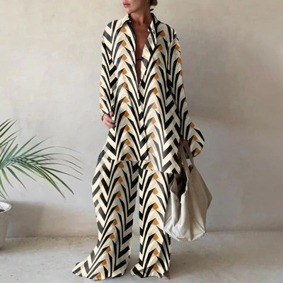 Ženski ležerni komplet dugih rukava s dugmadima i ovratnikom Labavi ležerni dvodijelni komplet Ženska ulična odjeća s dugim hlačama s printom