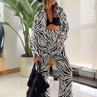 Ženski ležerni komplet dugih rukava s dugmadima i ovratnikom Labavi ležerni dvodijelni komplet Ženska ulična odjeća s dugim hlačama s printom