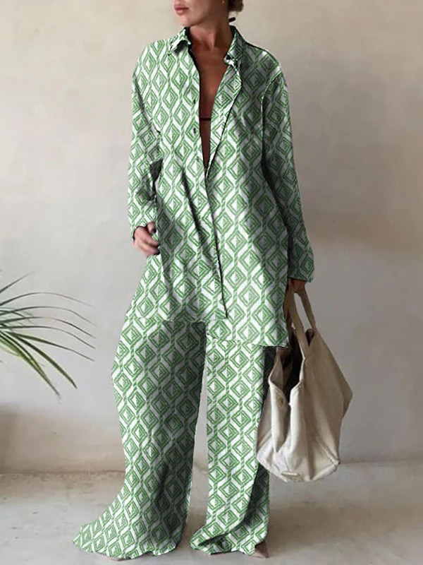 Ženski ležerni komplet dugih rukava s dugmadima i ovratnikom Labavi ležerni dvodijelni komplet Ženska ulična odjeća s dugim hlačama s printom